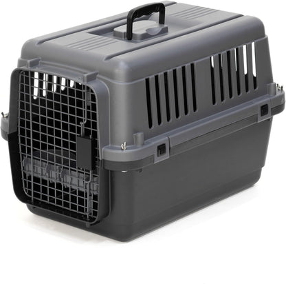 SportPet Airline Compliant LARGE 31.5" Travel Dog Kennel-Durable Plastic Airline Pet Carrier w/ Removable Wheels & Food Bowls, Collapsible Indoor/Outdoor Dog Kennel, Dogs up to 28"L & 20"H-Cream/Gray