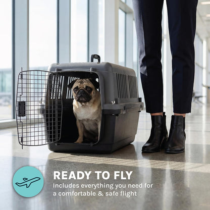 SportPet Airline Compliant LARGE 31.5" Travel Dog Kennel-Durable Plastic Airline Pet Carrier w/ Removable Wheels & Food Bowls, Collapsible Indoor/Outdoor Dog Kennel, Dogs up to 28"L & 20"H-Cream/Gray