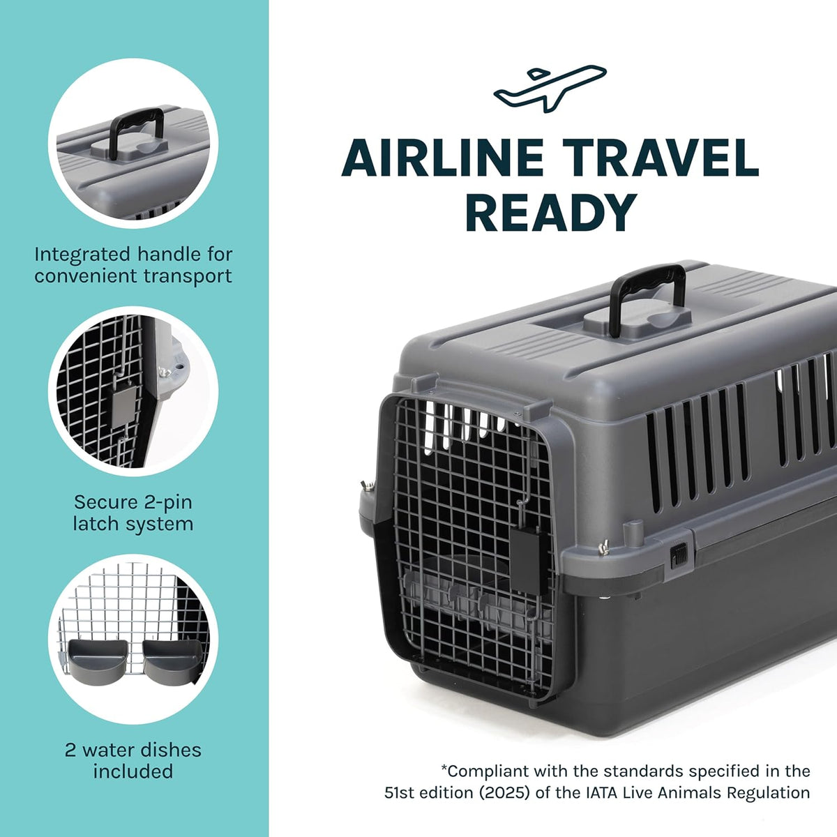 SportPet Airline Compliant LARGE 31.5" Travel Dog Kennel-Durable Plastic Airline Pet Carrier w/ Removable Wheels & Food Bowls, Collapsible Indoor/Outdoor Dog Kennel, Dogs up to 28"L & 20"H-Cream/Gray