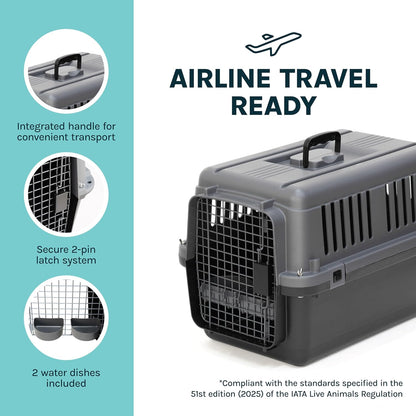 SportPet Airline Compliant LARGE 31.5" Travel Dog Kennel-Durable Plastic Airline Pet Carrier w/ Removable Wheels & Food Bowls, Collapsible Indoor/Outdoor Dog Kennel, Dogs up to 28"L & 20"H-Cream/Gray