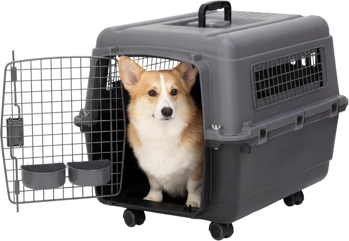 SportPet Airline Compliant LARGE 31.5" Travel Dog Kennel-Durable Plastic Airline Pet Carrier w/ Removable Wheels & Food Bowls, Collapsible Indoor/Outdoor Dog Kennel, Dogs up to 28"L & 20"H-Cream/Gray