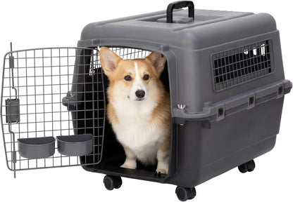 SportPet Airline Compliant LARGE 31.5" Travel Dog Kennel-Durable Plastic Airline Pet Carrier w/ Removable Wheels & Food Bowls, Collapsible Indoor/Outdoor Dog Kennel, Dogs up to 28"L & 20"H-Cream/Gray