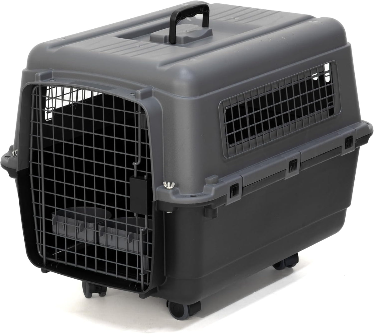 SportPet Airline Compliant LARGE 31.5" Travel Dog Kennel-Durable Plastic Airline Pet Carrier w/ Removable Wheels & Food Bowls, Collapsible Indoor/Outdoor Dog Kennel, Dogs up to 28"L & 20"H-Cream/Gray