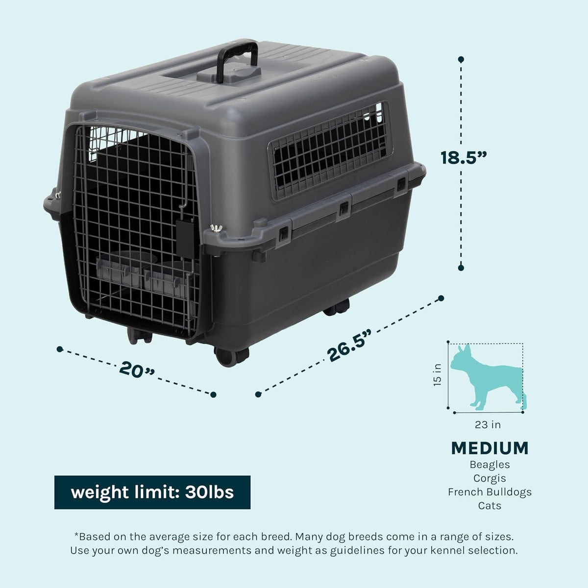 SportPet Airline Compliant LARGE 31.5" Travel Dog Kennel-Durable Plastic Airline Pet Carrier w/ Removable Wheels & Food Bowls, Collapsible Indoor/Outdoor Dog Kennel, Dogs up to 28"L & 20"H-Cream/Gray