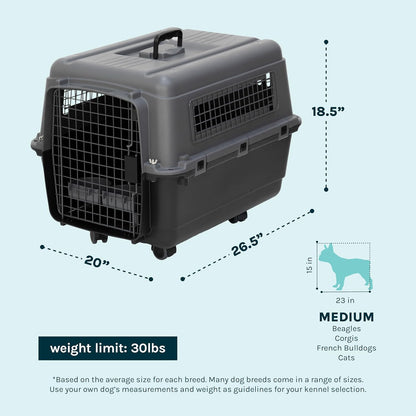 SportPet Airline Compliant LARGE 31.5" Travel Dog Kennel-Durable Plastic Airline Pet Carrier w/ Removable Wheels & Food Bowls, Collapsible Indoor/Outdoor Dog Kennel, Dogs up to 28"L & 20"H-Cream/Gray