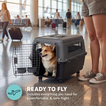 SportPet Airline Compliant LARGE 31.5" Travel Dog Kennel-Durable Plastic Airline Pet Carrier w/ Removable Wheels & Food Bowls, Collapsible Indoor/Outdoor Dog Kennel, Dogs up to 28"L & 20"H-Cream/Gray