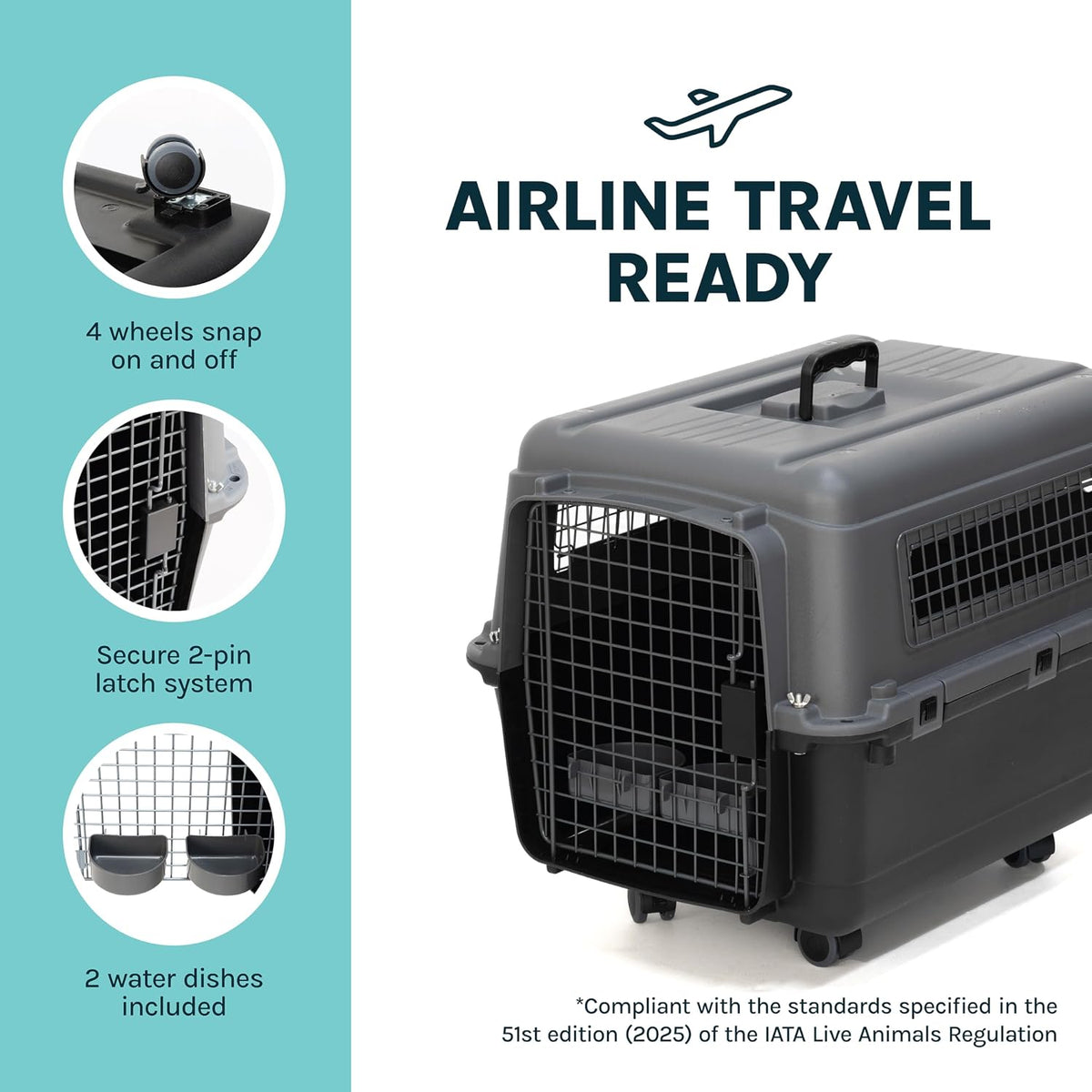 SportPet Airline Compliant LARGE 31.5" Travel Dog Kennel-Durable Plastic Airline Pet Carrier w/ Removable Wheels & Food Bowls, Collapsible Indoor/Outdoor Dog Kennel, Dogs up to 28"L & 20"H-Cream/Gray