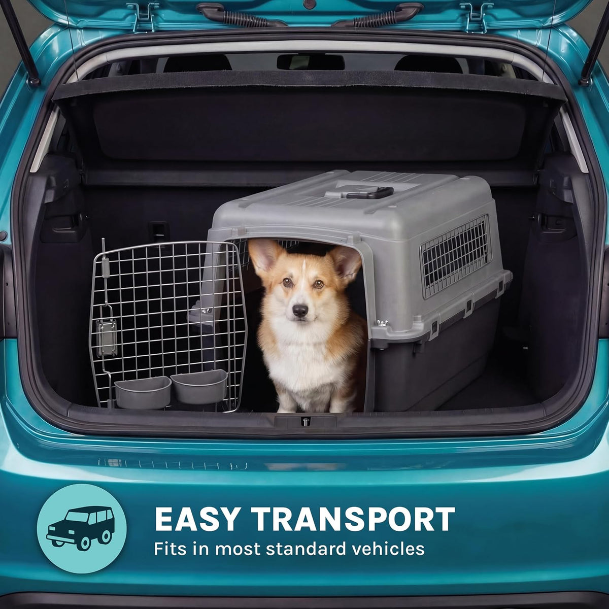 SportPet Airline Compliant LARGE 31.5" Travel Dog Kennel-Durable Plastic Airline Pet Carrier w/ Removable Wheels & Food Bowls, Collapsible Indoor/Outdoor Dog Kennel, Dogs up to 28"L & 20"H-Cream/Gray