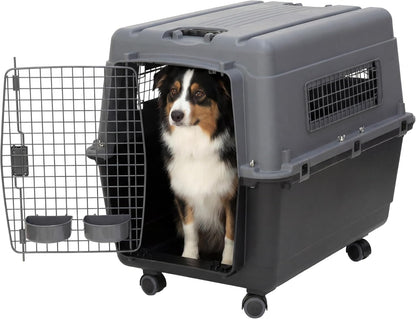 SportPet Airline Compliant LARGE 31.5" Travel Dog Kennel-Durable Plastic Airline Pet Carrier w/ Removable Wheels & Food Bowls, Collapsible Indoor/Outdoor Dog Kennel, Dogs up to 28"L & 20"H-Cream/Gray