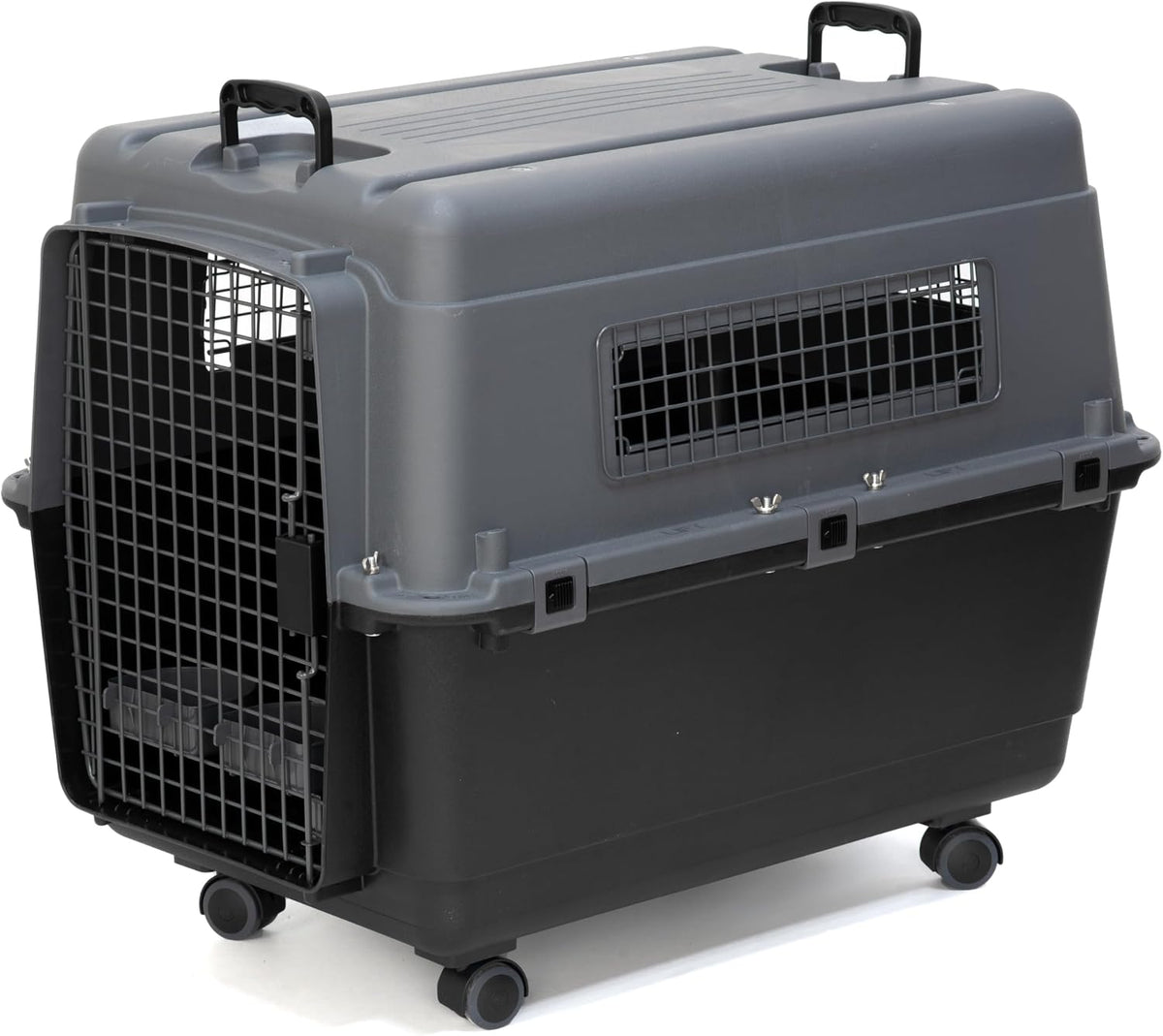 SportPet Airline Compliant LARGE 31.5" Travel Dog Kennel-Durable Plastic Airline Pet Carrier w/ Removable Wheels & Food Bowls, Collapsible Indoor/Outdoor Dog Kennel, Dogs up to 28"L & 20"H-Cream/Gray