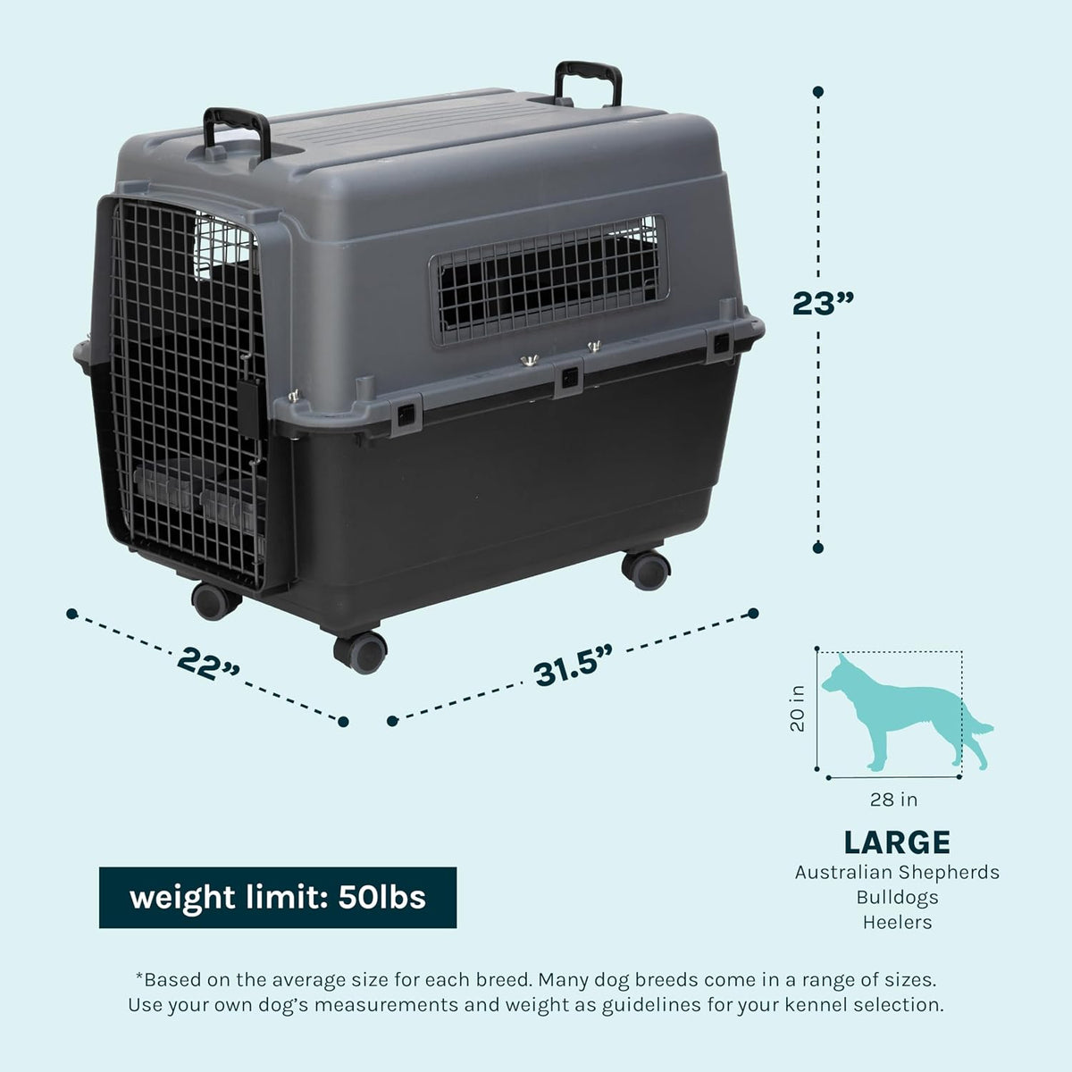SportPet Airline Compliant LARGE 31.5" Travel Dog Kennel-Durable Plastic Airline Pet Carrier w/ Removable Wheels & Food Bowls, Collapsible Indoor/Outdoor Dog Kennel, Dogs up to 28"L & 20"H-Cream/Gray