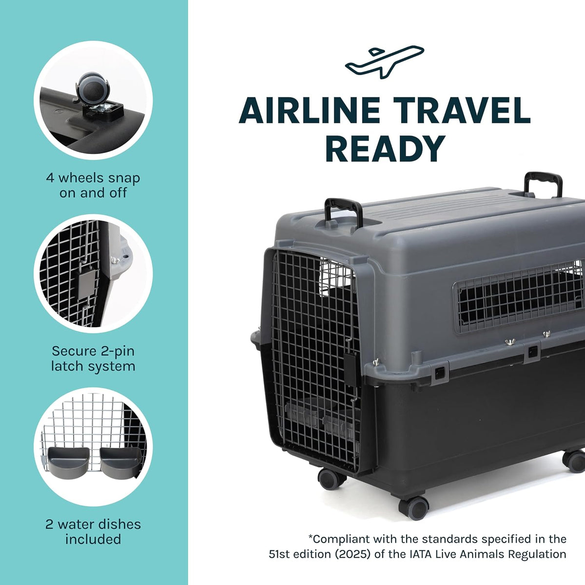 SportPet Airline Compliant LARGE 31.5" Travel Dog Kennel-Durable Plastic Airline Pet Carrier w/ Removable Wheels & Food Bowls, Collapsible Indoor/Outdoor Dog Kennel, Dogs up to 28"L & 20"H-Cream/Gray