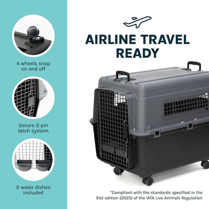 SportPet Airline Compliant LARGE 31.5" Travel Dog Kennel-Durable Plastic Airline Pet Carrier w/ Removable Wheels & Food Bowls, Collapsible Indoor/Outdoor Dog Kennel, Dogs up to 28"L & 20"H-Cream/Gray