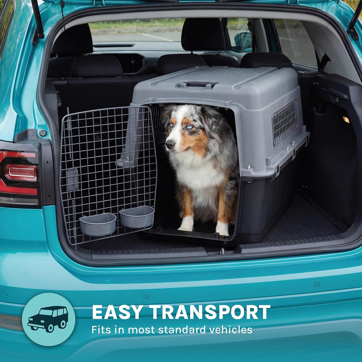 SportPet Airline Compliant LARGE 31.5" Travel Dog Kennel-Durable Plastic Airline Pet Carrier w/ Removable Wheels & Food Bowls, Collapsible Indoor/Outdoor Dog Kennel, Dogs up to 28"L & 20"H-Cream/Gray