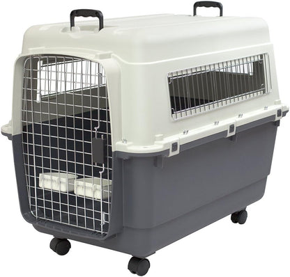 SportPet Airline Compliant LARGE 31.5" Travel Dog Kennel-Durable Plastic Airline Pet Carrier w/ Removable Wheels & Food Bowls, Collapsible Indoor/Outdoor Dog Kennel, Dogs up to 28"L & 20"H-Cream/Gray
