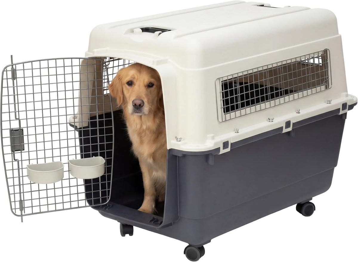 SportPet Airline Compliant LARGE 31.5" Travel Dog Kennel-Durable Plastic Airline Pet Carrier w/ Removable Wheels & Food Bowls, Collapsible Indoor/Outdoor Dog Kennel, Dogs up to 28"L & 20"H-Cream/Gray