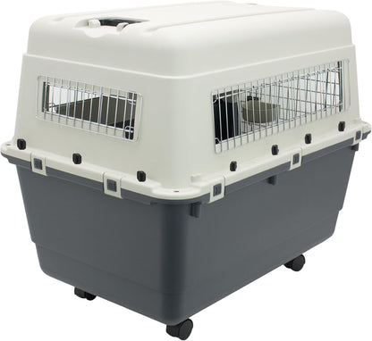 SportPet Airline Compliant LARGE 31.5" Travel Dog Kennel-Durable Plastic Airline Pet Carrier w/ Removable Wheels & Food Bowls, Collapsible Indoor/Outdoor Dog Kennel, Dogs up to 28"L & 20"H-Cream/Gray