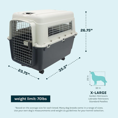 SportPet Airline Compliant LARGE 31.5" Travel Dog Kennel-Durable Plastic Airline Pet Carrier w/ Removable Wheels & Food Bowls, Collapsible Indoor/Outdoor Dog Kennel, Dogs up to 28"L & 20"H-Cream/Gray
