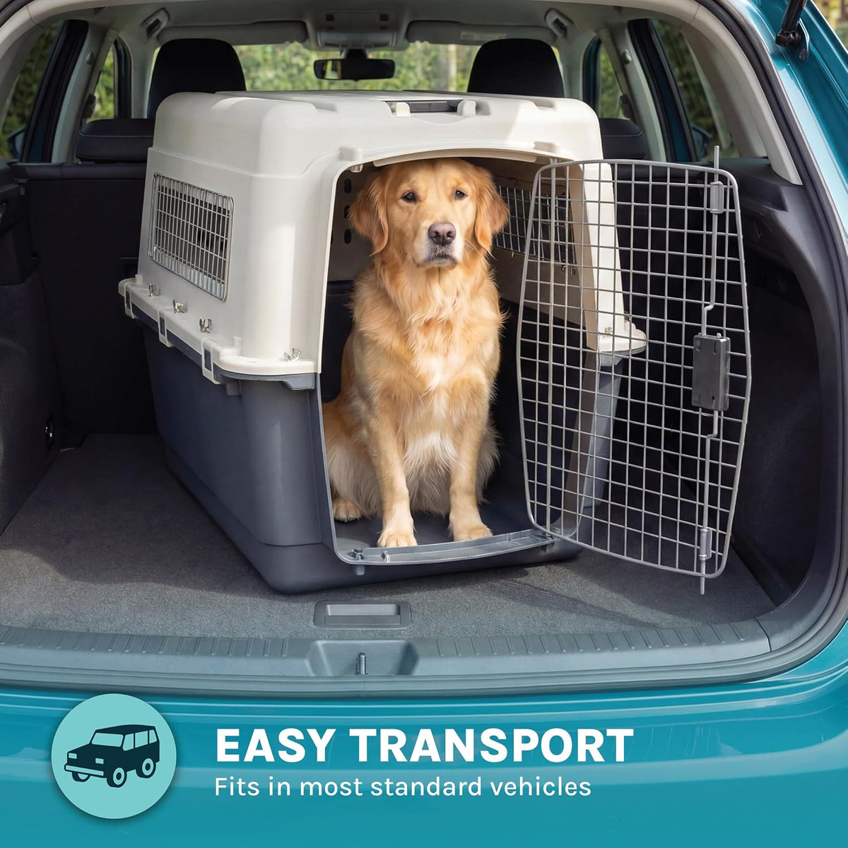 SportPet Airline Compliant LARGE 31.5" Travel Dog Kennel-Durable Plastic Airline Pet Carrier w/ Removable Wheels & Food Bowls, Collapsible Indoor/Outdoor Dog Kennel, Dogs up to 28"L & 20"H-Cream/Gray