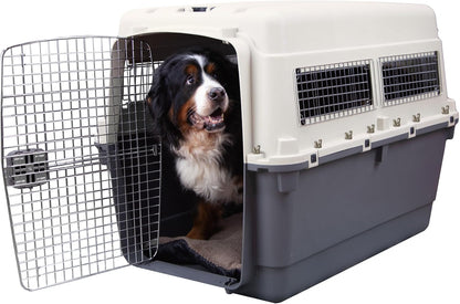 SportPet Airline Compliant LARGE 31.5" Travel Dog Kennel-Durable Plastic Airline Pet Carrier w/ Removable Wheels & Food Bowls, Collapsible Indoor/Outdoor Dog Kennel, Dogs up to 28"L & 20"H-Cream/Gray