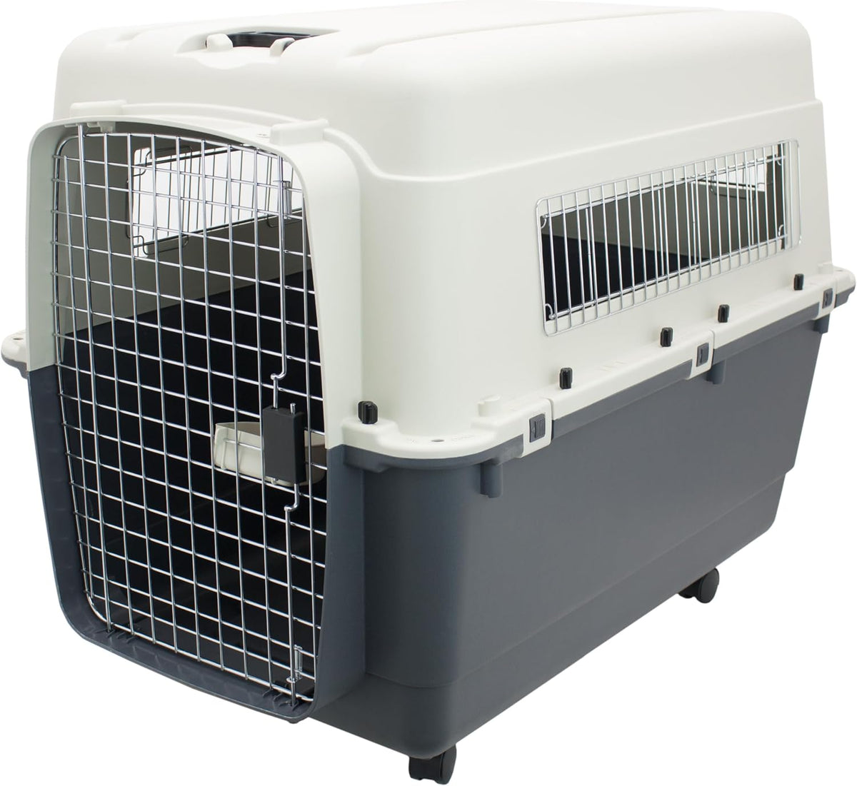 SportPet Airline Compliant LARGE 31.5" Travel Dog Kennel-Durable Plastic Airline Pet Carrier w/ Removable Wheels & Food Bowls, Collapsible Indoor/Outdoor Dog Kennel, Dogs up to 28"L & 20"H-Cream/Gray