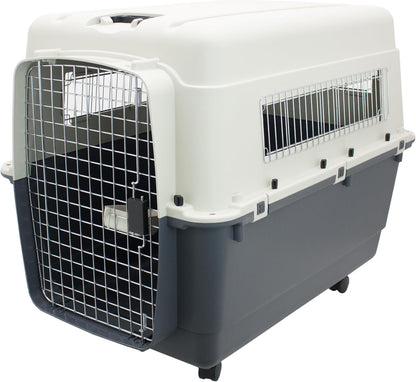 SportPet Airline Compliant LARGE 31.5" Travel Dog Kennel-Durable Plastic Airline Pet Carrier w/ Removable Wheels & Food Bowls, Collapsible Indoor/Outdoor Dog Kennel, Dogs up to 28"L & 20"H-Cream/Gray