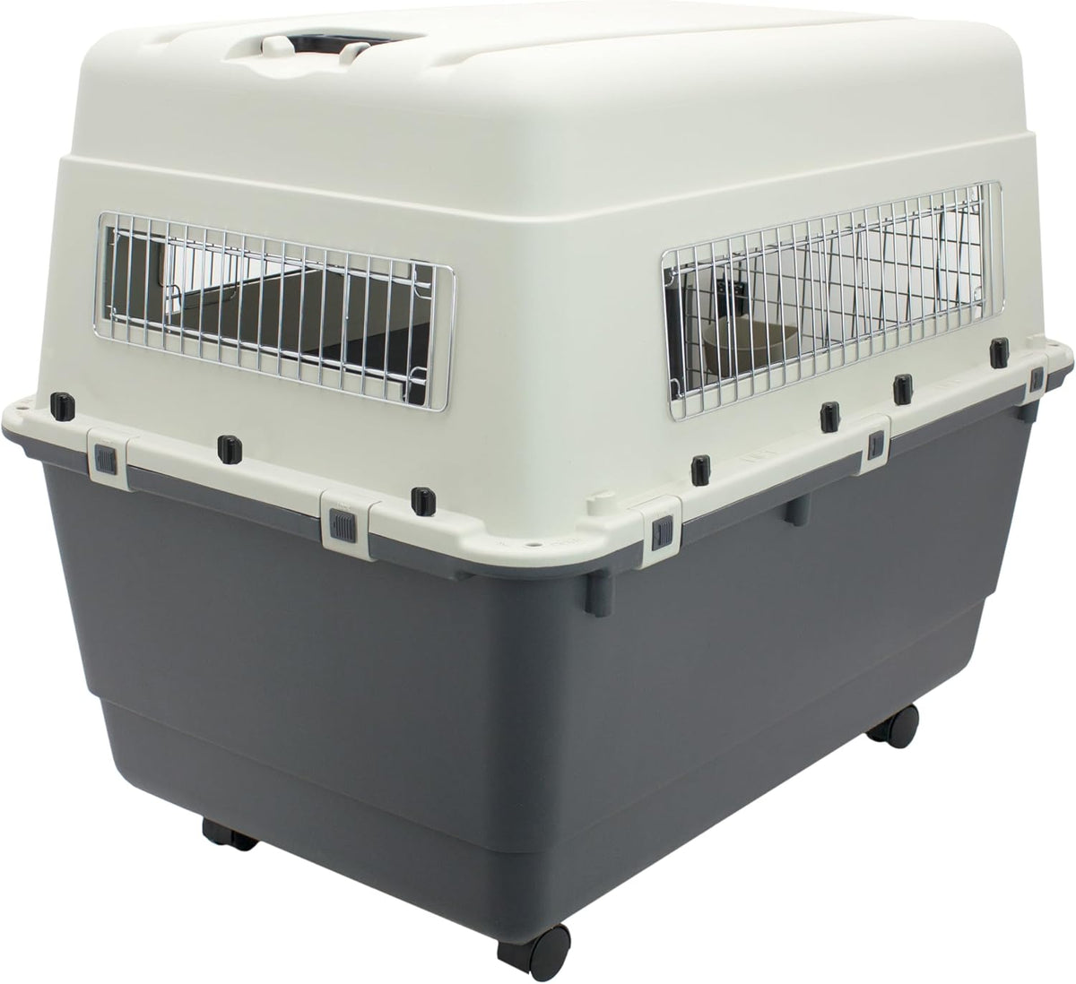 SportPet Airline Compliant LARGE 31.5" Travel Dog Kennel-Durable Plastic Airline Pet Carrier w/ Removable Wheels & Food Bowls, Collapsible Indoor/Outdoor Dog Kennel, Dogs up to 28"L & 20"H-Cream/Gray