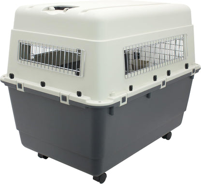 SportPet Airline Compliant LARGE 31.5" Travel Dog Kennel-Durable Plastic Airline Pet Carrier w/ Removable Wheels & Food Bowls, Collapsible Indoor/Outdoor Dog Kennel, Dogs up to 28"L & 20"H-Cream/Gray