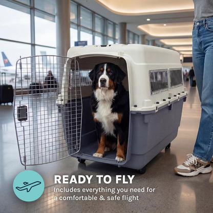 SportPet Airline Compliant LARGE 31.5" Travel Dog Kennel-Durable Plastic Airline Pet Carrier w/ Removable Wheels & Food Bowls, Collapsible Indoor/Outdoor Dog Kennel, Dogs up to 28"L & 20"H-Cream/Gray