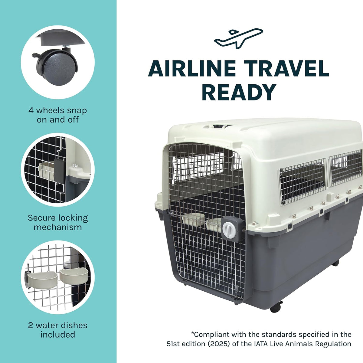 SportPet Airline Compliant LARGE 31.5" Travel Dog Kennel-Durable Plastic Airline Pet Carrier w/ Removable Wheels & Food Bowls, Collapsible Indoor/Outdoor Dog Kennel, Dogs up to 28"L & 20"H-Cream/Gray