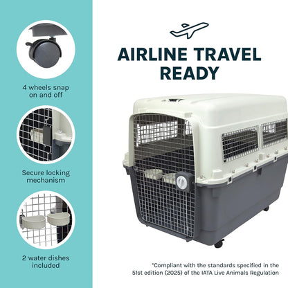 SportPet Airline Compliant LARGE 31.5" Travel Dog Kennel-Durable Plastic Airline Pet Carrier w/ Removable Wheels & Food Bowls, Collapsible Indoor/Outdoor Dog Kennel, Dogs up to 28"L & 20"H-Cream/Gray