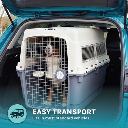 SportPet Airline Compliant LARGE 31.5" Travel Dog Kennel-Durable Plastic Airline Pet Carrier w/ Removable Wheels & Food Bowls, Collapsible Indoor/Outdoor Dog Kennel, Dogs up to 28"L & 20"H-Cream/Gray