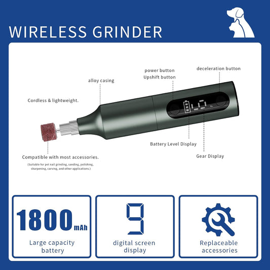 Rechargeable Dog Nail Grinder, 9‑Speed Adjustable Ultra Quiet Electric Pet Nail Trimmer for Small Medium Large Dogs Cats, 1800mAh USB‑C Professional Pet Grooming Nail Grinder Kit