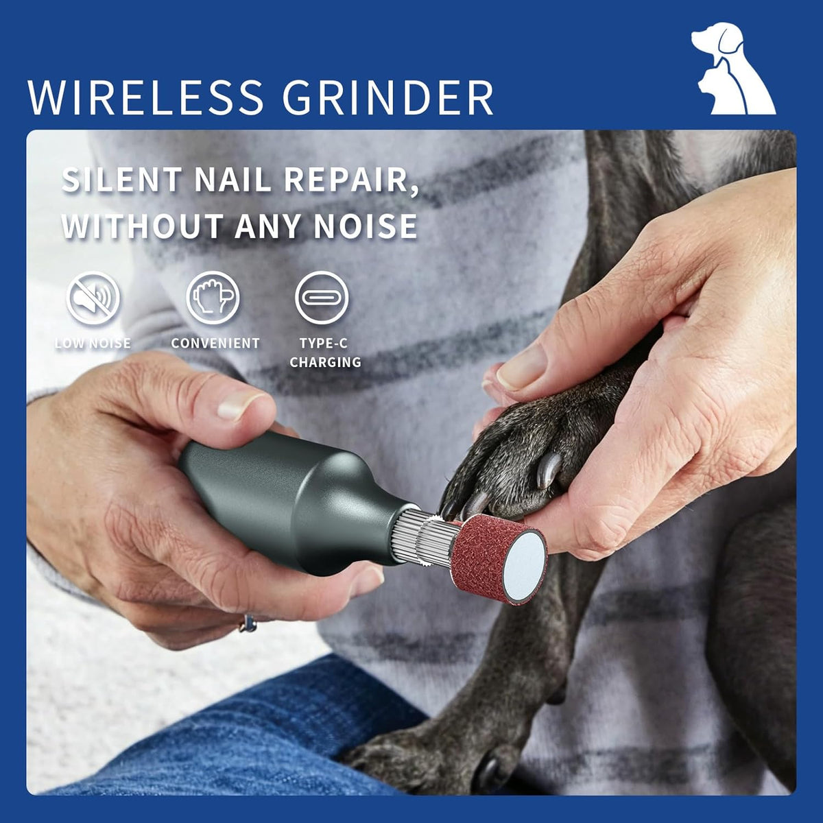 Rechargeable Dog Nail Grinder, 9‑Speed Adjustable Ultra Quiet Electric Pet Nail Trimmer for Small Medium Large Dogs Cats, 1800mAh USB‑C Professional Pet Grooming Nail Grinder Kit