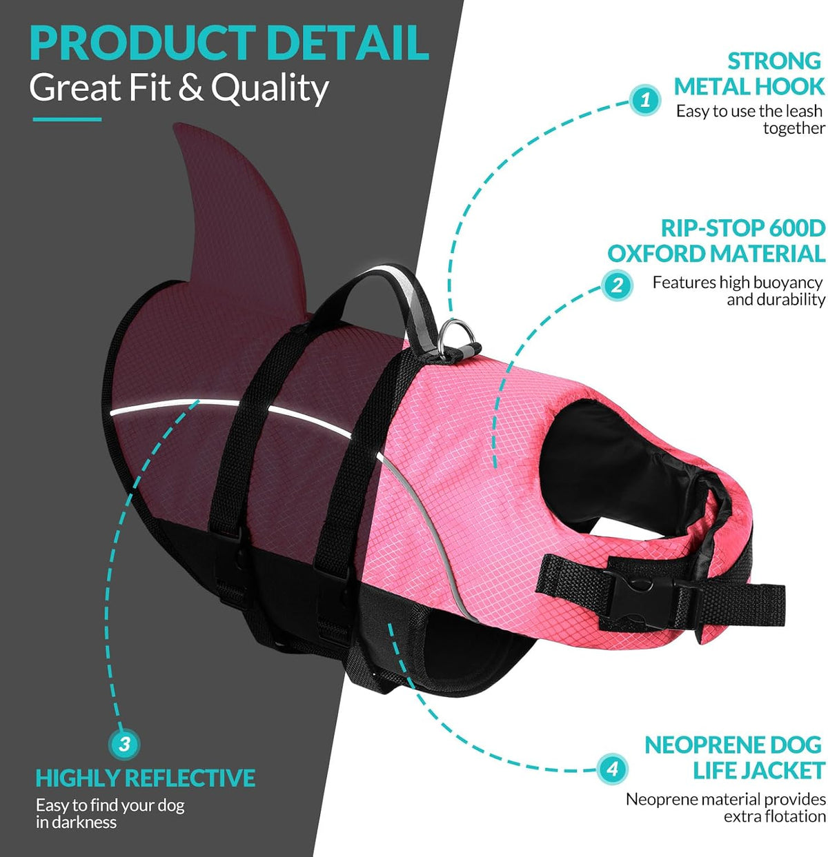 Ripstop Dog Life Jacket Shark Life Vest for Dogs, Safety Lifesaver with High Buoyancy and Lift Handle for Small and Medium Breeds（Rose Red XS）