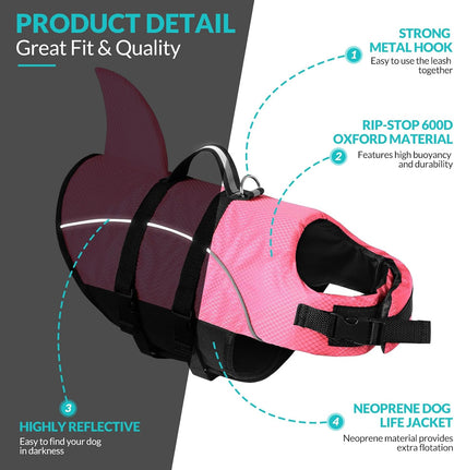 Ripstop Dog Life Jacket Shark Life Vest for Dogs, Safety Lifesaver with High Buoyancy and Lift Handle for Small and Medium Breeds（Rose Red XS）