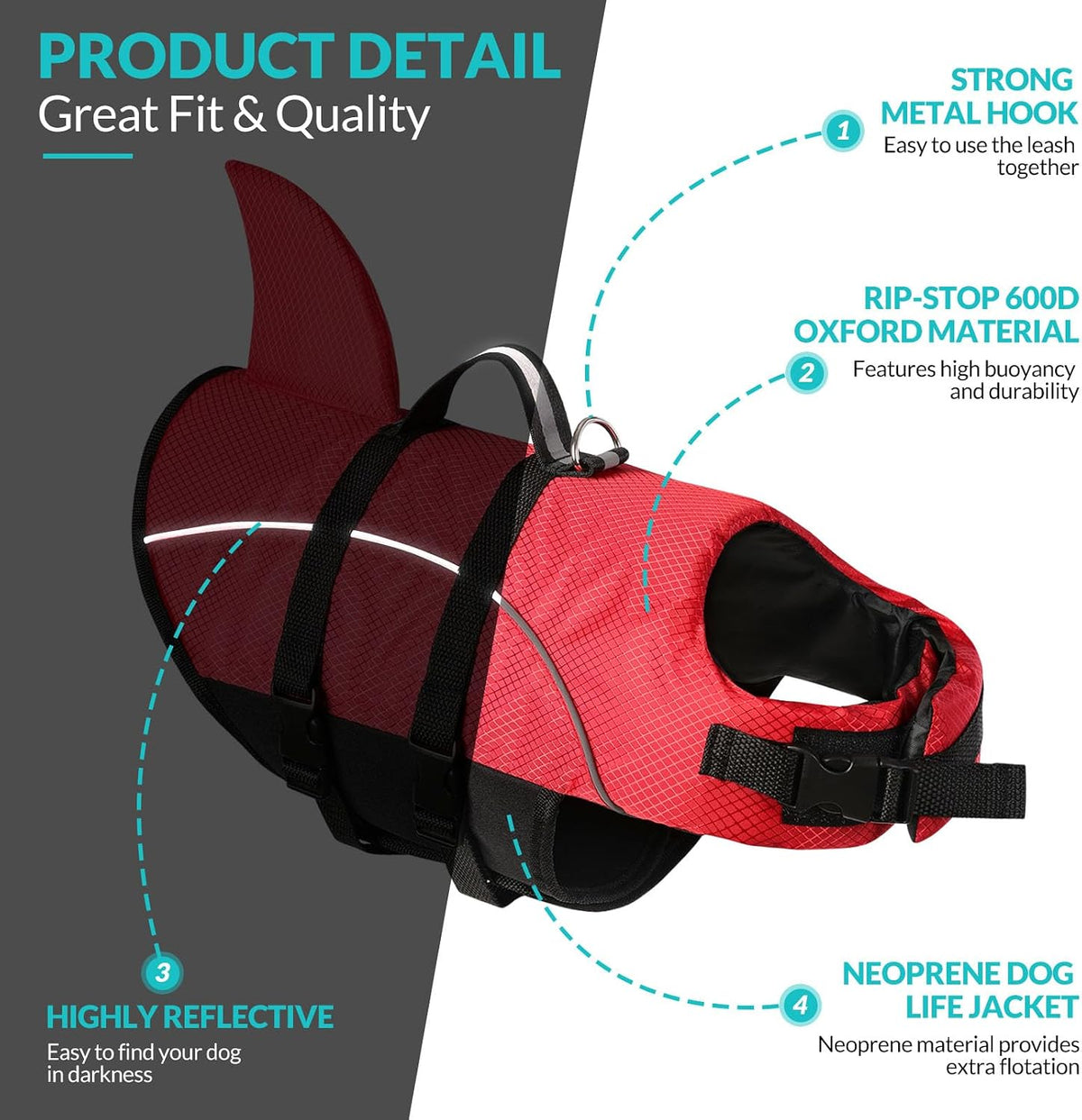 Ripstop Dog Life Jacket Shark Life Vest for Dogs, Safety Lifesaver with High Buoyancy and Lift Handle for Small and Medium Breeds（Rose Red XS）