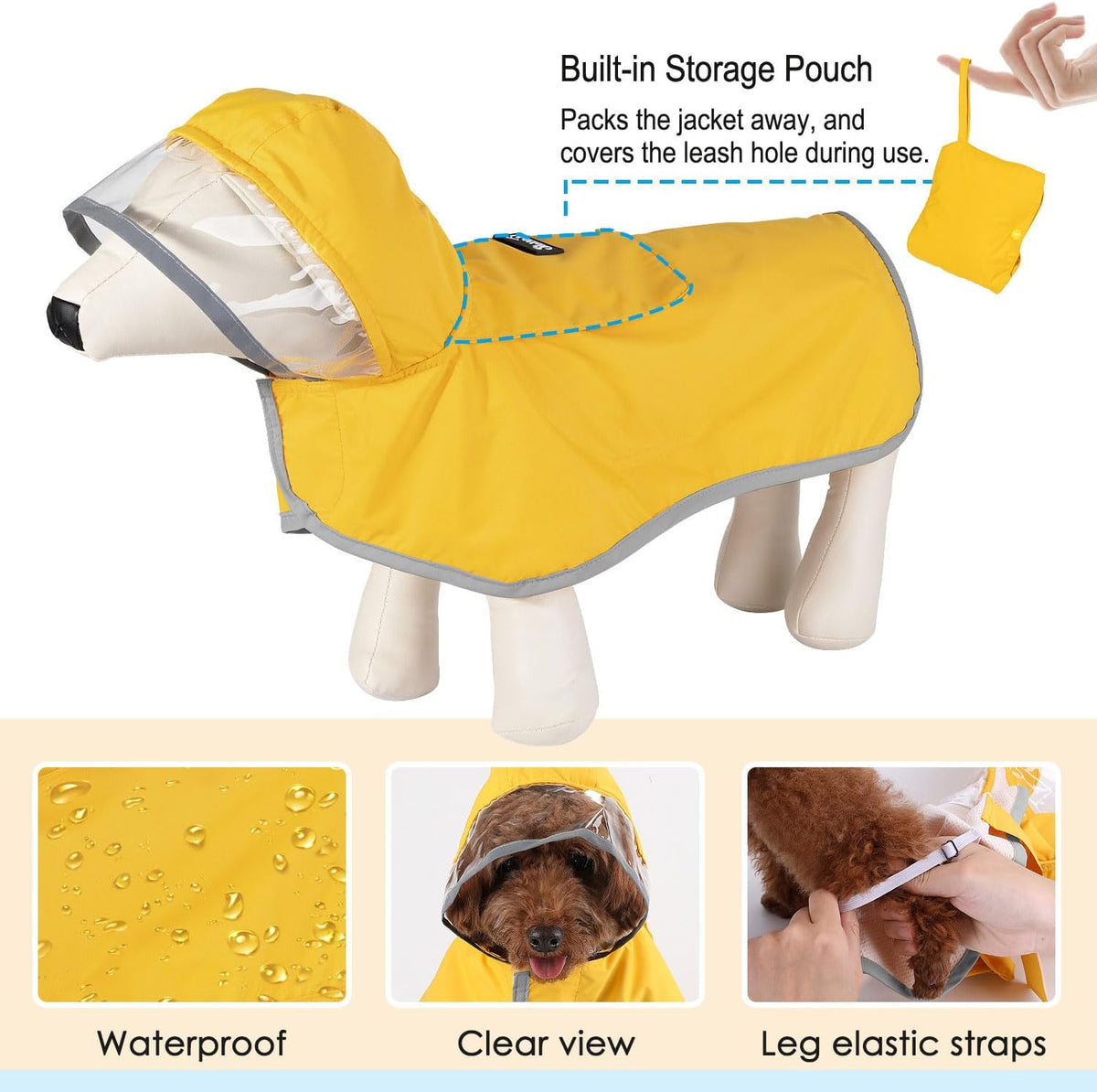 Dog Raincoat, Waterproof Rain Jacket, Clear Hood & Reflective Rim