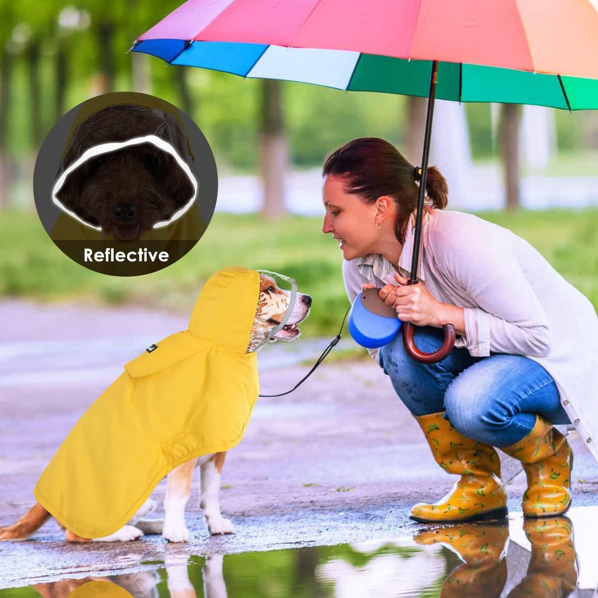 Dog Raincoat, Waterproof Rain Jacket, Clear Hood & Reflective Rim