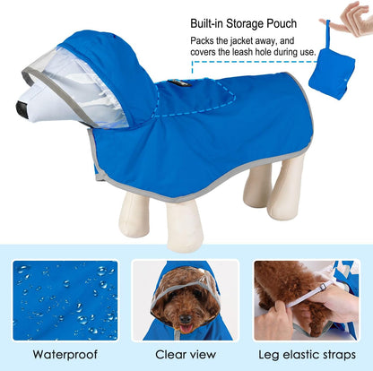 Dog Raincoat, Waterproof Rain Jacket, Clear Hood & Reflective Rim