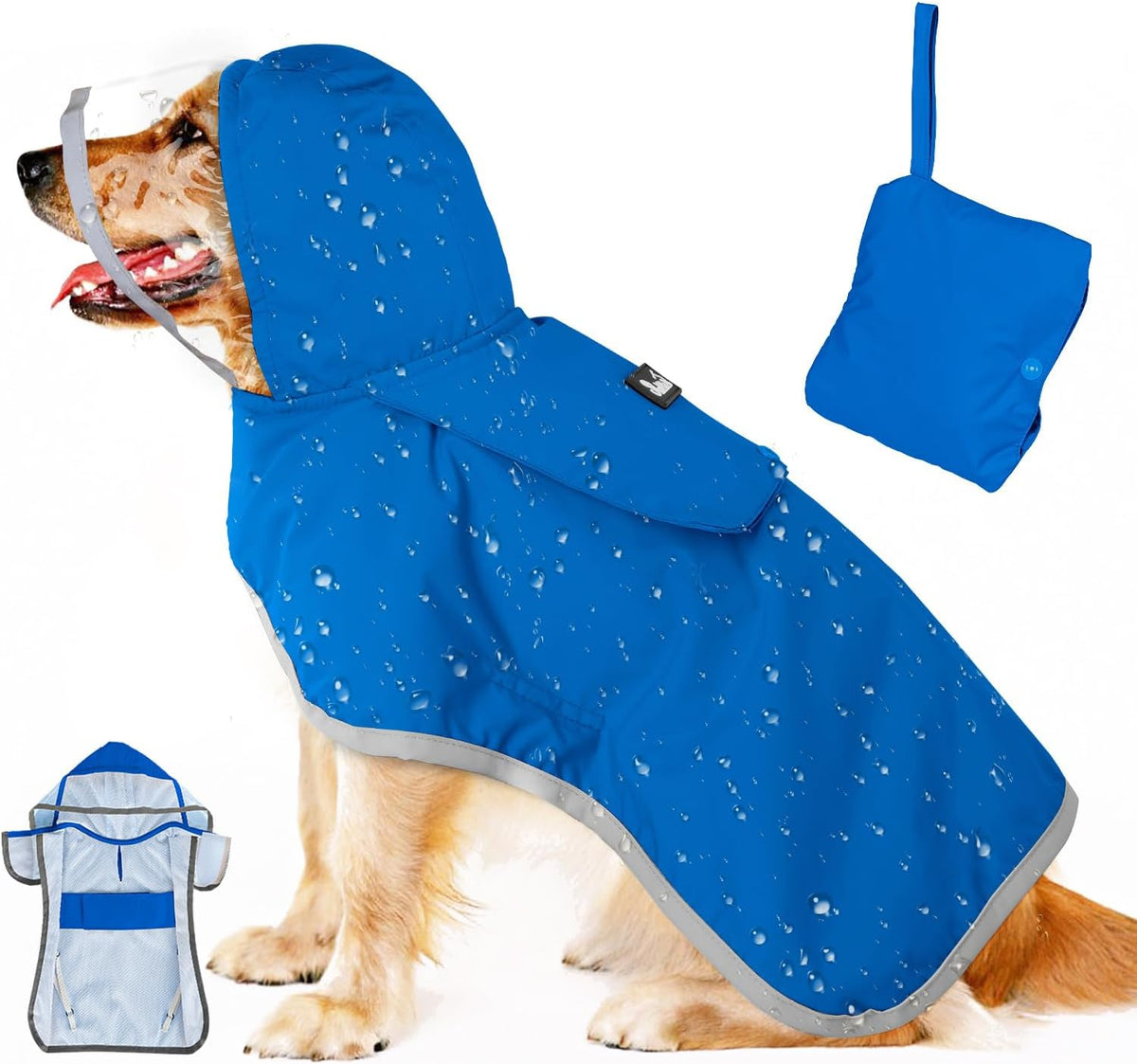 Dog Raincoat, Waterproof Rain Jacket, Clear Hood & Reflective Rim