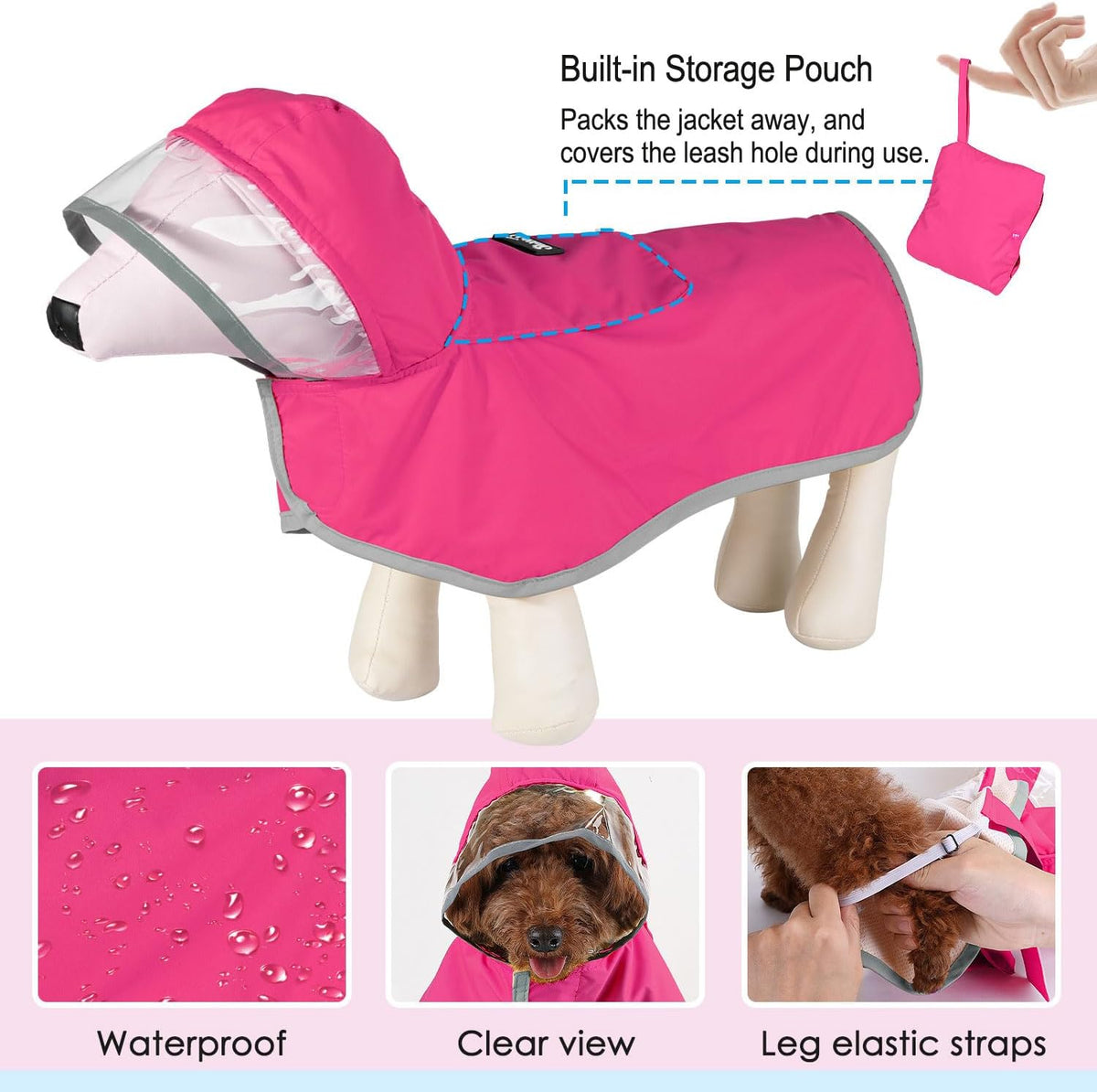 Dog Raincoat, Waterproof Rain Jacket, Clear Hood & Reflective Rim