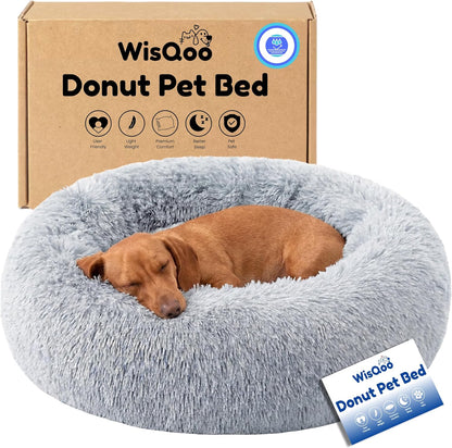 Calming Donut Dog Bed – Faux Fur Anti-Anxiety Pet Bed with Removable Washable Cover & Water-Resistant Liner – Plush Fluffy Round Nest, Non-Slip Bottom for Dogs & Cats – Medium, Grey