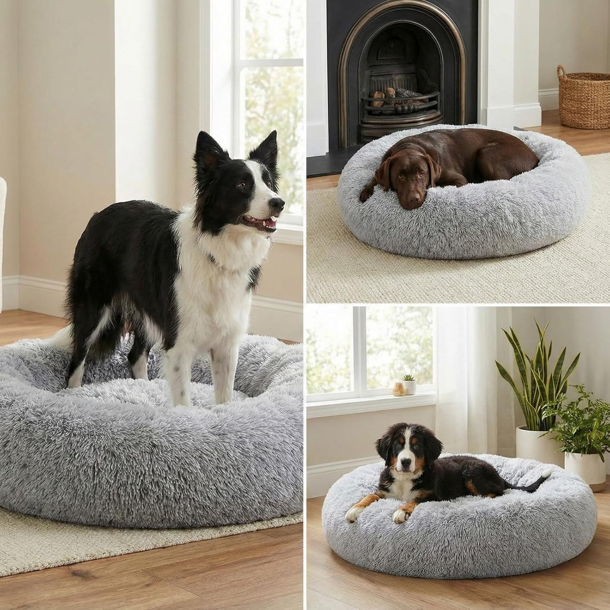 Calming Donut Dog Bed – Faux Fur Anti-Anxiety Pet Bed with Removable Washable Cover & Water-Resistant Liner – Plush Fluffy Round Nest, Non-Slip Bottom for Dogs & Cats – Medium, Grey