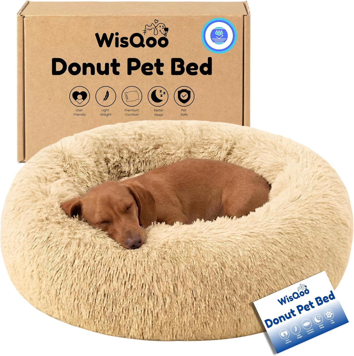 Calming Donut Dog Bed – Faux Fur Anti-Anxiety Pet Bed with Removable Washable Cover & Water-Resistant Liner – Plush Fluffy Round Nest, Non-Slip Bottom for Dogs & Cats – Medium, Grey