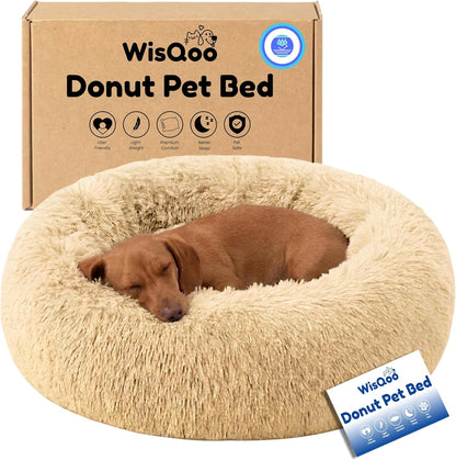 Calming Donut Dog Bed – Faux Fur Anti-Anxiety Pet Bed with Removable Washable Cover & Water-Resistant Liner – Plush Fluffy Round Nest, Non-Slip Bottom for Dogs & Cats – Medium, Grey