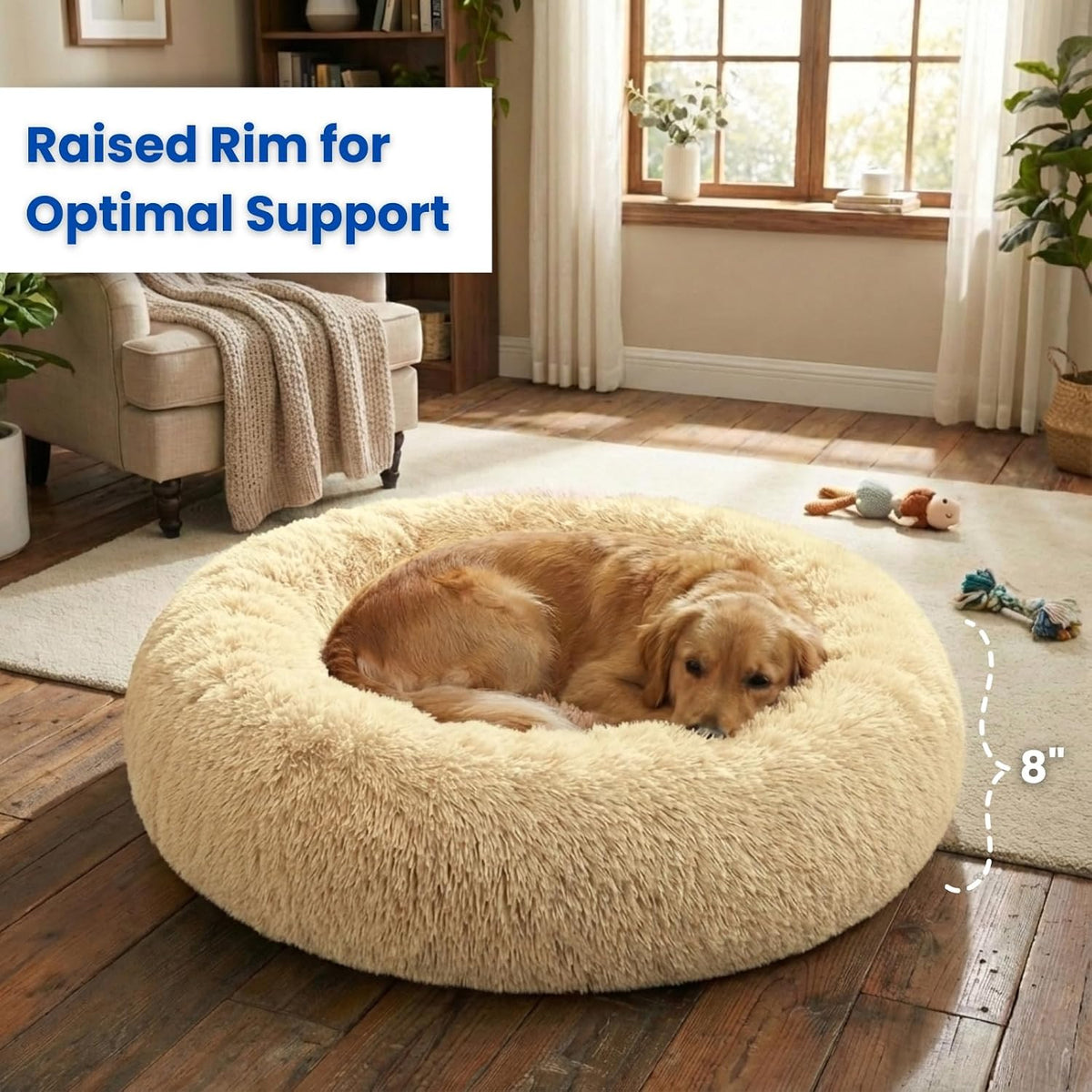 Calming Donut Dog Bed – Faux Fur Anti-Anxiety Pet Bed with Removable Washable Cover & Water-Resistant Liner – Plush Fluffy Round Nest, Non-Slip Bottom for Dogs & Cats – Medium, Grey