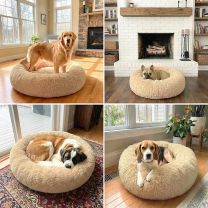 Calming Donut Dog Bed – Faux Fur Anti-Anxiety Pet Bed with Removable Washable Cover & Water-Resistant Liner – Plush Fluffy Round Nest, Non-Slip Bottom for Dogs & Cats – Medium, Grey
