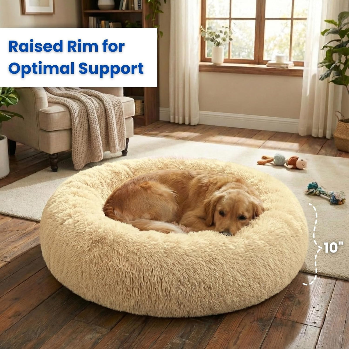 Calming Donut Dog Bed – Faux Fur Anti-Anxiety Pet Bed with Removable Washable Cover & Water-Resistant Liner – Plush Fluffy Round Nest, Non-Slip Bottom for Dogs & Cats – Medium, Grey