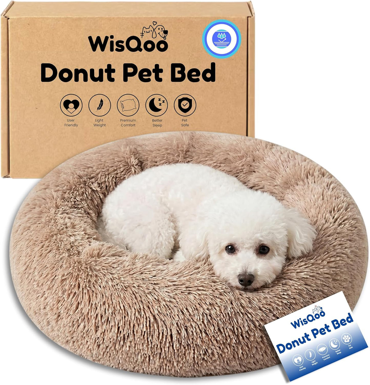 Calming Donut Dog Bed – Faux Fur Anti-Anxiety Pet Bed with Removable Washable Cover & Water-Resistant Liner – Plush Fluffy Round Nest, Non-Slip Bottom for Dogs & Cats – Medium, Grey
